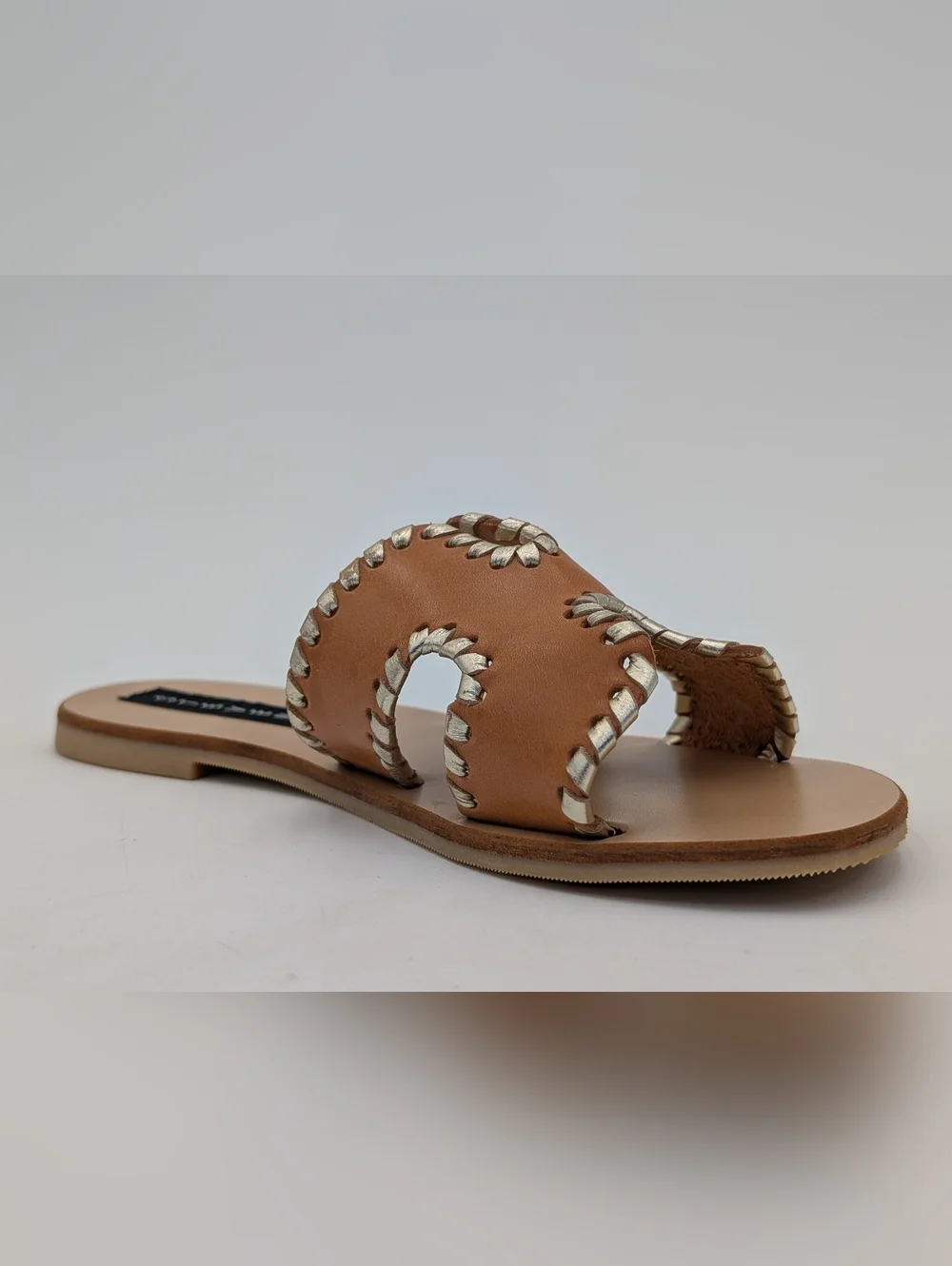 Steve Madden Greece Size 7 Genuine Leather Cognac Silver Metallic-Accent Flats